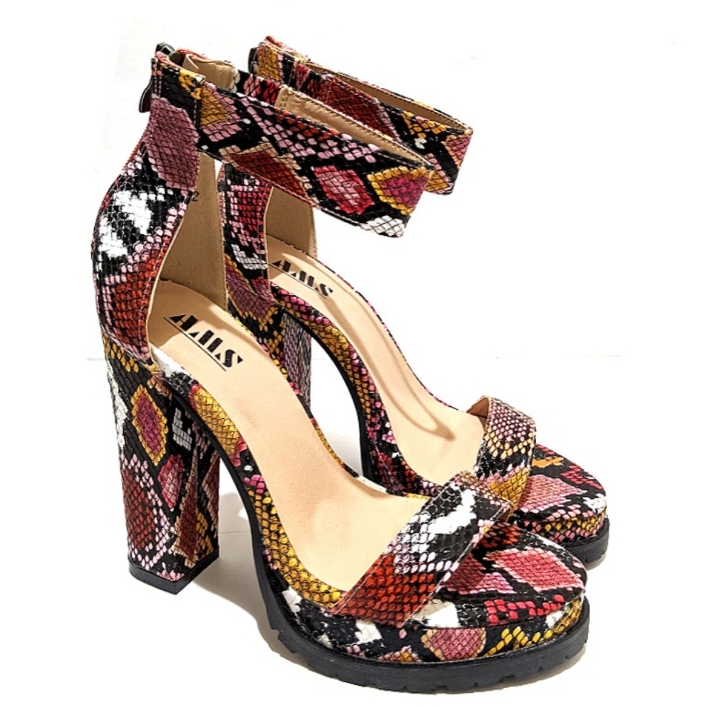 Snakeskin Ankle Strap Block Heels - Picture 3 of 8